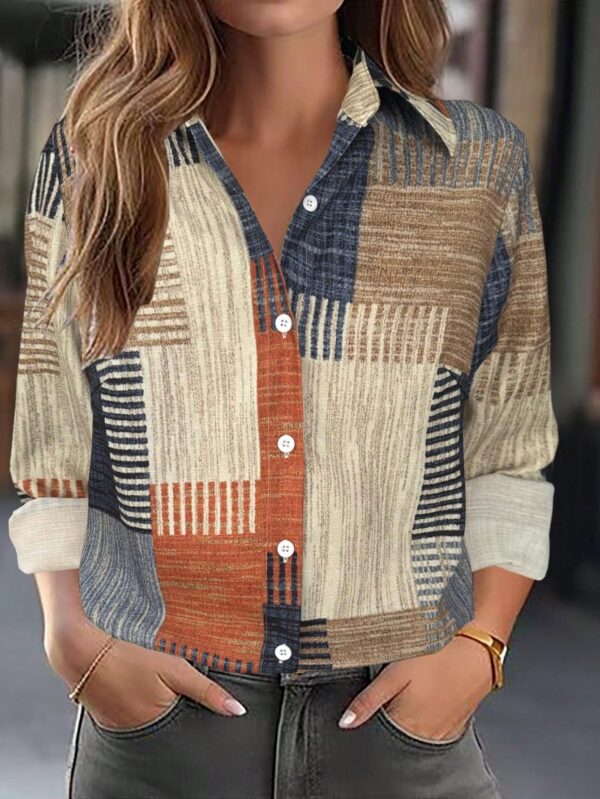 Camisa Retro Casual Manga Larga con Detalles de Botones y Estampado - Image 2