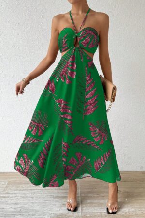 Vestido Largo Playero con Estampado Tropical y Espalda Descubierta