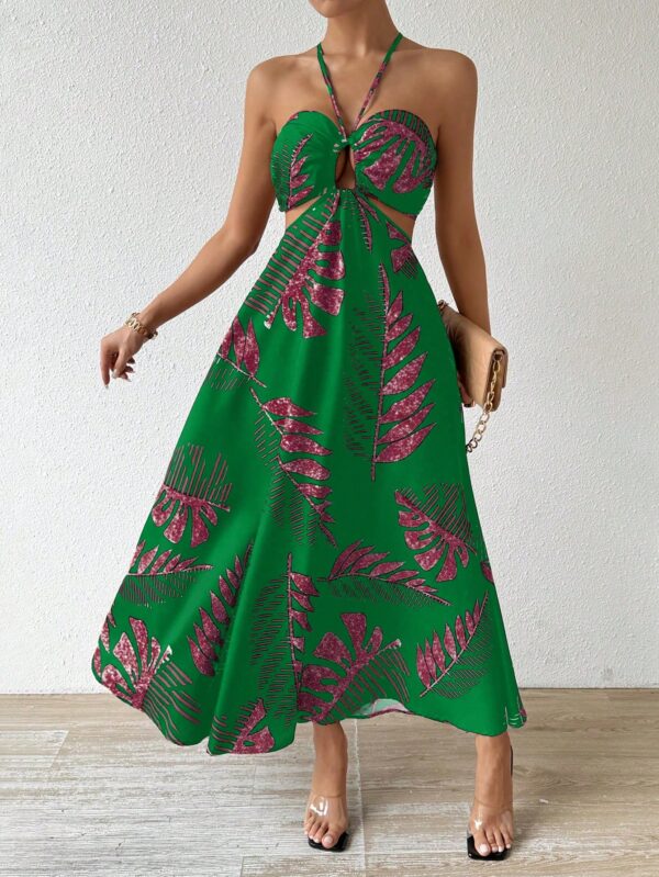 Vestido Largo Playero con Estampado Tropical y Espalda Descubierta
