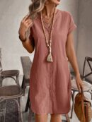 Vestido Mini Casual de Manga Corta con Botones Frontales