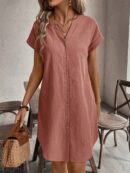 Vestido Mini Casual de Manga Corta con Botones Frontales