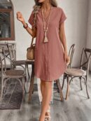 Vestido Mini Casual de Manga Corta con Botones Frontales