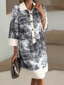 Vestido Camisero Estampado de Manga Larga con Cuello Abotonado