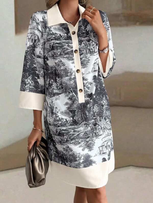 Vestido Camisero Estampado de Manga Larga con Cuello Abotonado - Image 29