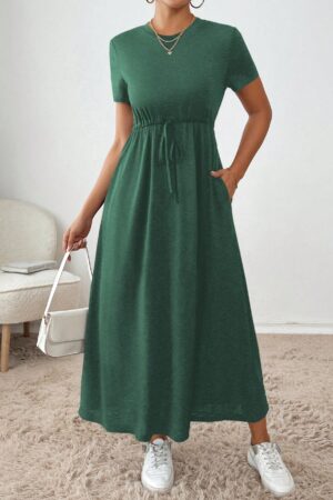 Vestido Midi Casual con Cintura Ajustable y Bolsillos Laterales