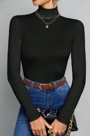 Top Cuello Alto Ajustado en Color Sólido Ideal para Otoño e Invierno