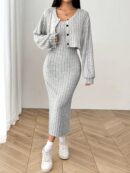 Conjunto Otoñal de Chaqueta y Vestido Midi Ajustado de Punto