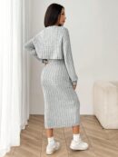 Conjunto Otoñal de Chaqueta y Vestido Midi Ajustado de Punto