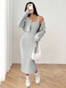 Conjunto Otoñal de Chaqueta y Vestido Midi Ajustado de Punto