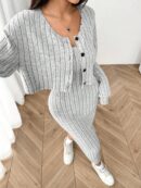 Conjunto Otoñal de Chaqueta y Vestido Midi Ajustado de Punto