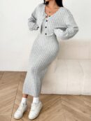 Conjunto Otoñal de Chaqueta y Vestido Midi Ajustado de Punto