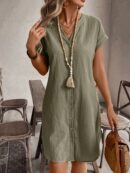 Vestido Mini Casual de Manga Corta con Botones Frontales
