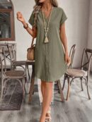 Vestido Mini Casual de Manga Corta con Botones Frontales