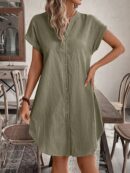 Vestido Mini Casual de Manga Corta con Botones Frontales