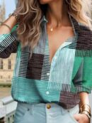 Camisa Retro Casual Manga Larga con Detalles de Botones y Estampado