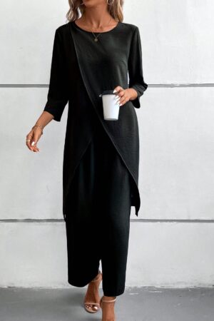 Conjunto Casual 2pcs: Top Simple Manga 3/4 y Pantalón Cintura Elástica