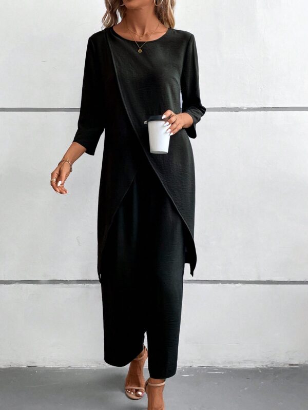 Conjunto Casual 2pcs: Top Simple Manga 3/4 y Pantalón Cintura Elástica
