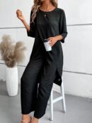 Conjunto Casual 2pcs: Top Simple Manga 3/4 y Pantalón Cintura Elástica