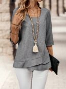 Camisa Casual Manga Larga con Estampado Floral y Cuello Redondo