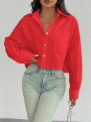 Camisa Casual Manga Larga con Bolsillo y Hombros Caídos