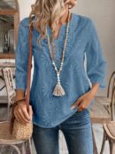 Blusa Casual de Manga Tres Cuartos en Color Sólido con Cuello V