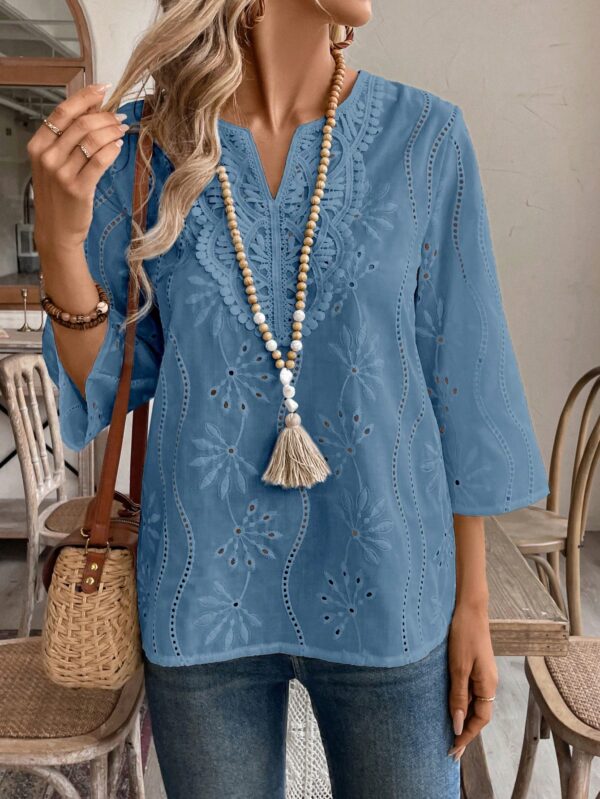 Blusa Casual de Manga Tres Cuartos en Color Sólido con Cuello V - Image 55