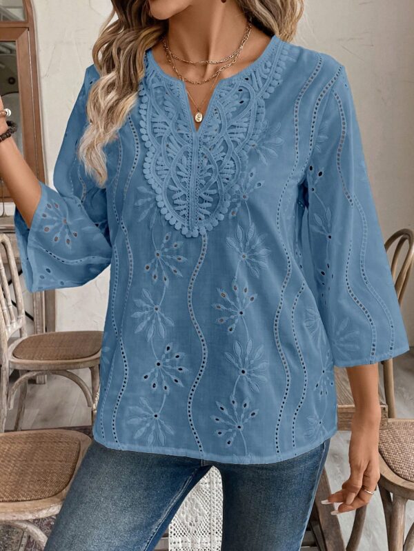 Blusa Casual de Manga Tres Cuartos en Color Sólido con Cuello V - Image 56