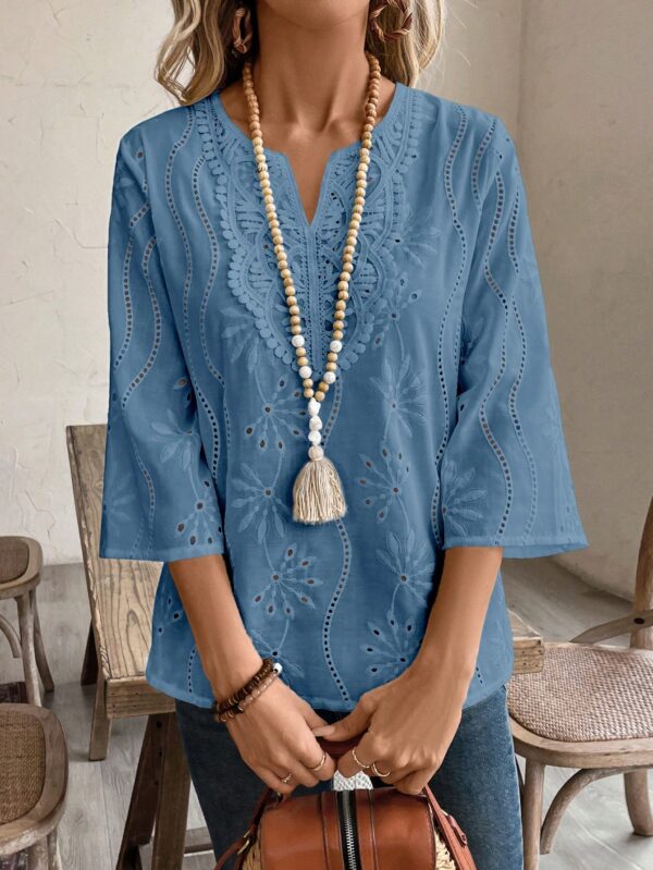 Blusa Casual de Manga Tres Cuartos en Color Sólido con Cuello V - Image 57