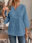 Blusa Casual de Manga Tres Cuartos en Color Sólido con Cuello V