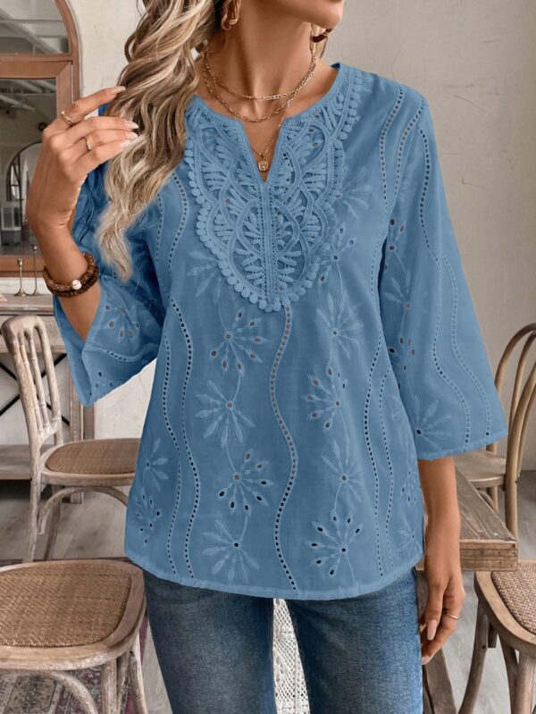 Blusa Casual de Manga Tres Cuartos en Color Sólido con Cuello V - Image 58