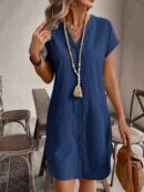 Vestido Mini Casual de Manga Corta con Botones Frontales