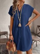 Vestido Mini Casual de Manga Corta con Botones Frontales