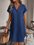 Vestido Mini Casual de Manga Corta con Botones Frontales