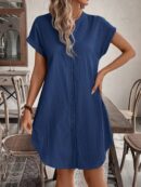 Vestido Mini Casual de Manga Corta con Botones Frontales