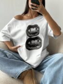 Camiseta Suelta con Hombros Descubiertos y Estampado de Labios