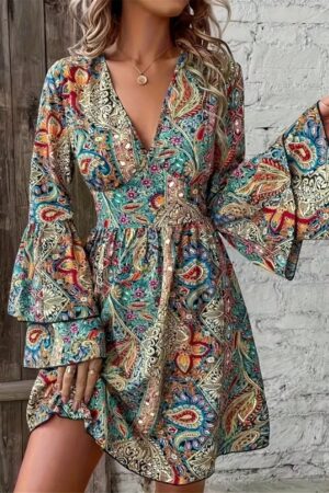 Vestido Estampado con Cuello V y Manga Larga