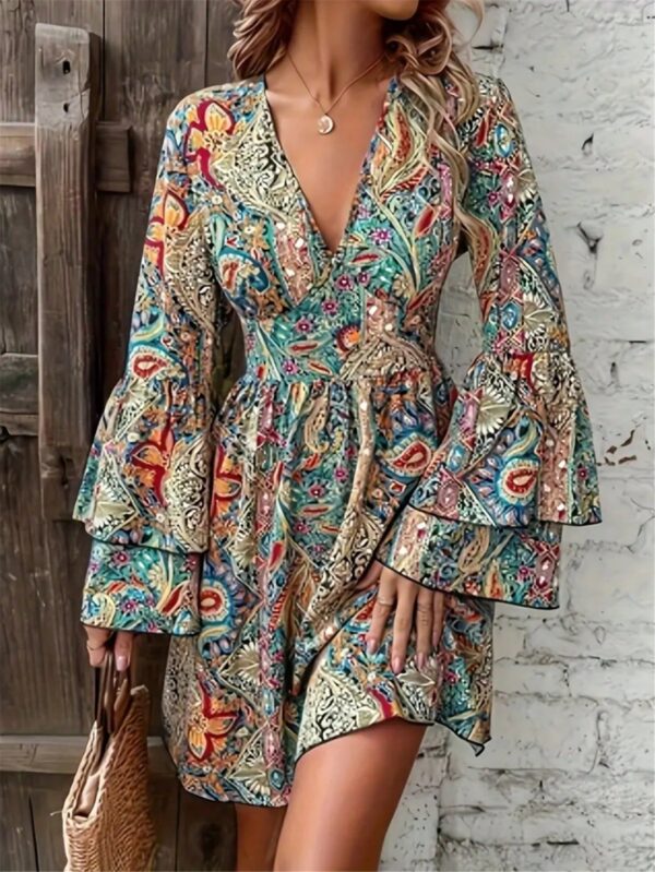 Vestido Estampado con Cuello V y Manga Larga - Image 3