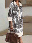 Vestido Camisero Estampado de Manga Larga con Cuello Abotonado