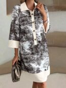 Vestido Camisero Estampado de Manga Larga con Cuello Abotonado