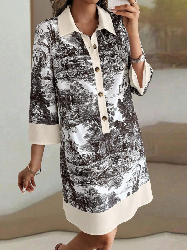 Vestido Camisero Estampado de Manga Larga con Cuello Abotonado - Image 25