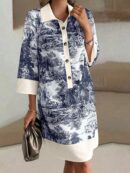 Vestido Camisero Estampado de Manga Larga con Cuello Abotonado
