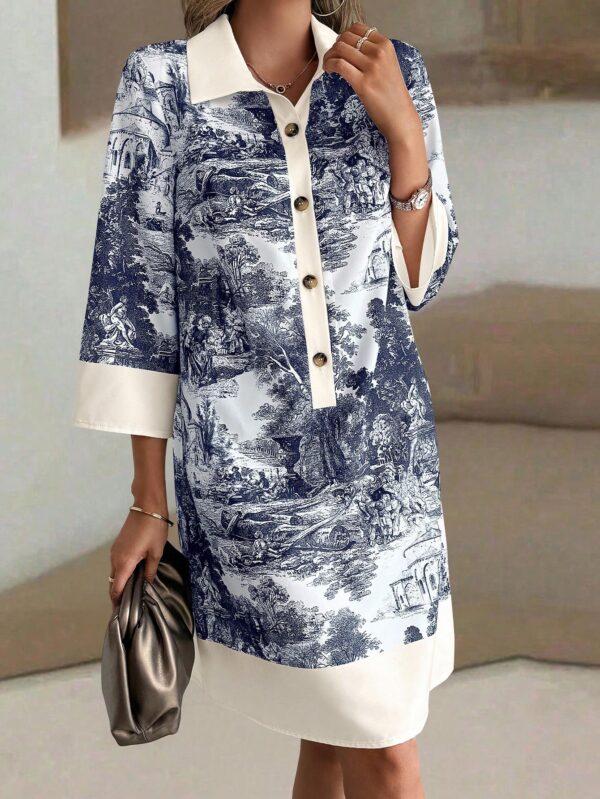 Vestido Camisero Estampado de Manga Larga con Cuello Abotonado - Image 33