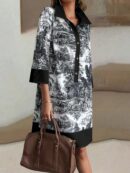Vestido Camisero Estampado de Manga Larga con Cuello Abotonado