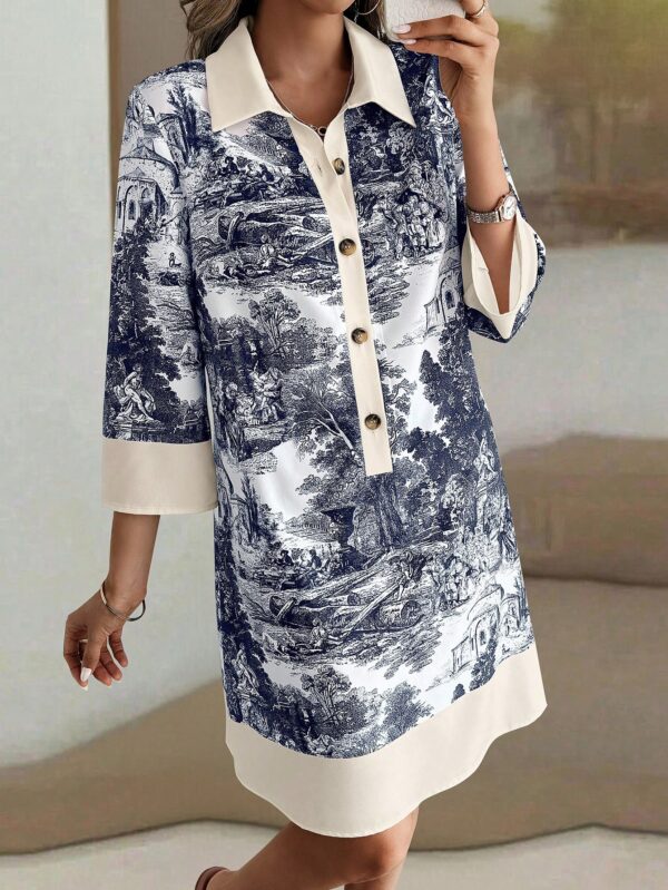 Vestido Camisero Estampado de Manga Larga con Cuello Abotonado - Image 34