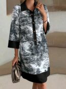 Vestido Camisero Estampado de Manga Larga con Cuello Abotonado