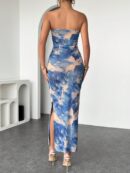 Vestido Strapless Tie Dye con Abertura Lateral y Ruched