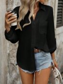 Camisa Casual Manga Larga con Botones Frontales y Bolsillo