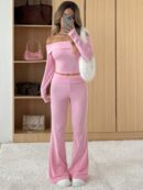 Set de Top Corto y Pantalones Acampanados con Hombros Descubiertos
