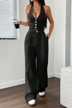 Set de 2 Piezas Boho: Chaleco con Lazo al Cuello y Pantalón Recto