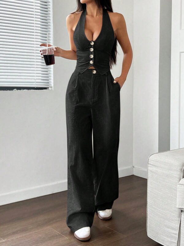 Set de 2 Piezas Boho: Chaleco con Lazo al Cuello y Pantalón Recto